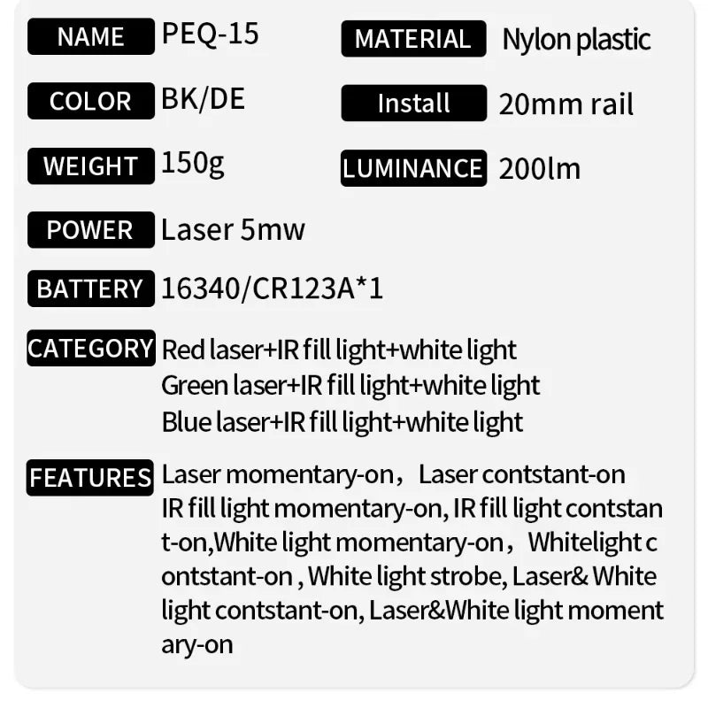 PEQ-15 Red/Green Dot IR Laser Sight LA-PEQ15 Tactical Weapon Light